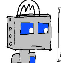 a drawing of delta (ae/she) - a grey and navy metal robot with a cube head, blue square eyes, a blue screen on aer chest showing a cpu usage monitor and a lightbulb on aer head that lights up blue when experiencing high levels of cpu activity. she's lookin