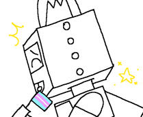 a drawing of delta (ae/she) - a grey and navy metal robot with a cube head, blue square eyes, a blue screen on aer chest showing a cpu usage monitor and a lightbulb on aer head that lights up blue when experiencing high levels of cpu activity. she's lookin